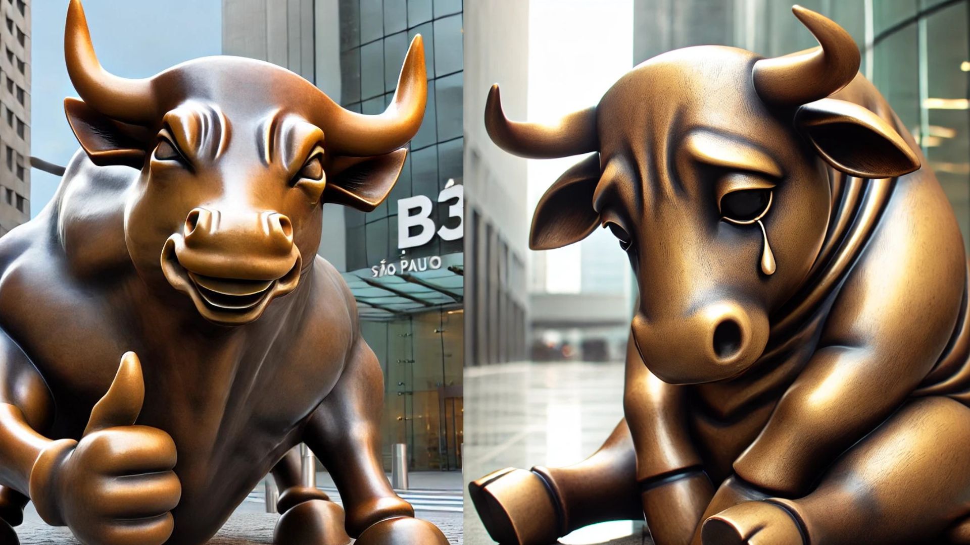 Um touro da B3 triste, ao lado esquerdo e um feliz ao direito, para exemplificar as quedas e altas do Ibovespa