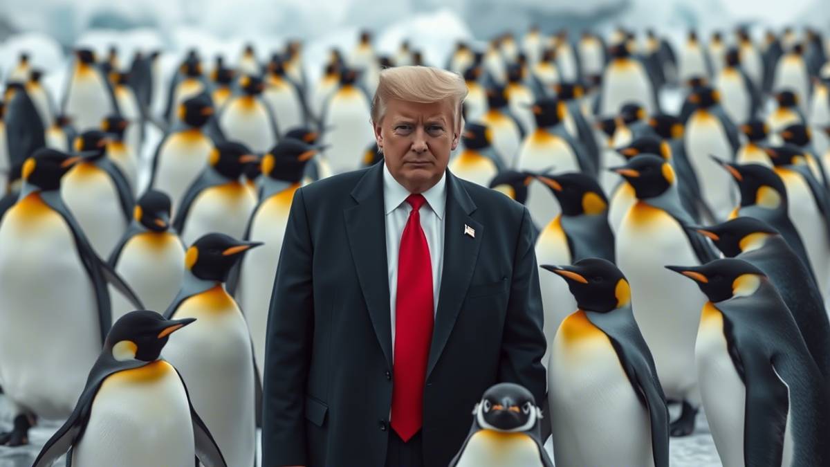 Imagem criada por inteligência artificial mostra Donald Trump de terno escuro e gravata vermelha cerca de pinguins