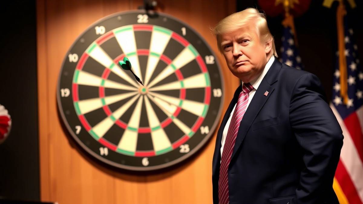 Imagem criada por inteligência artificial de Donald Trump posicionado do lado direito, vestindo terno azul escuro. Ao fundo, um dardo segue rumo ao centro de um alvo preso na parede.