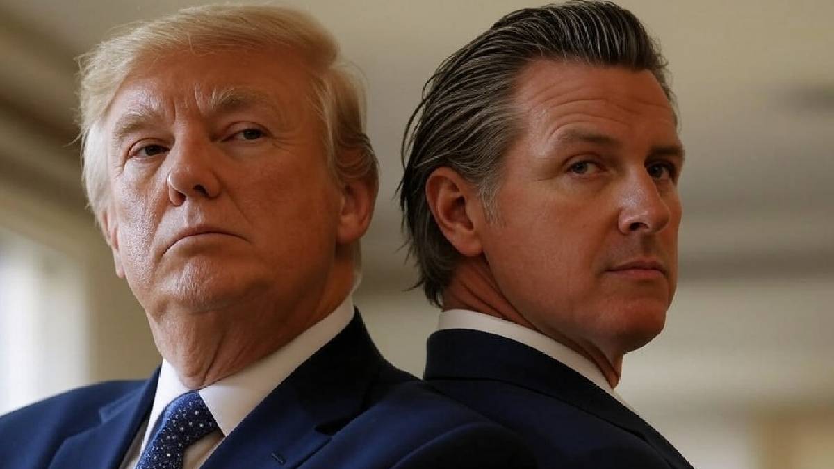 Imagem gerada por inteligência artificial mostra Donald Trump, de terno azul marinho e camisa branca, de costas para o governador da Califórnia, Gavim Newsom, que também usa terno azul marinho