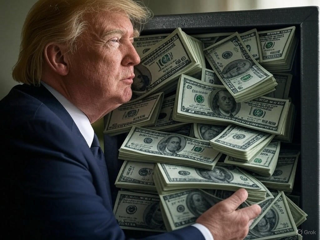Donald Trump na frente de um cofre cheio de dólares