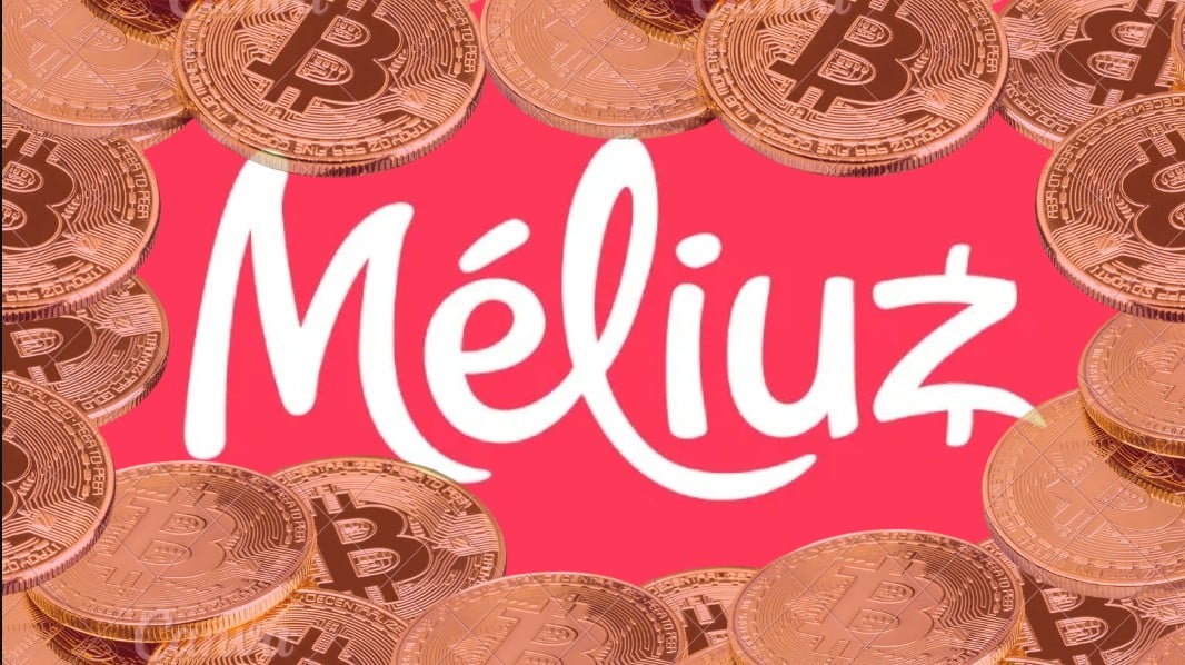 Logo do Méliuz envolto por bitcoins