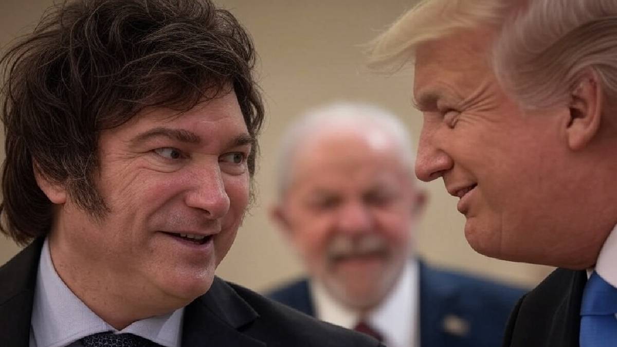 Imagem criada por inteligência artificial mostra Javier Milei olhando para Donald Trump. Ambos vestem terno escuro e sorriem. Ao fundo, em imagem desfocada, Lula faz cara de bravo.