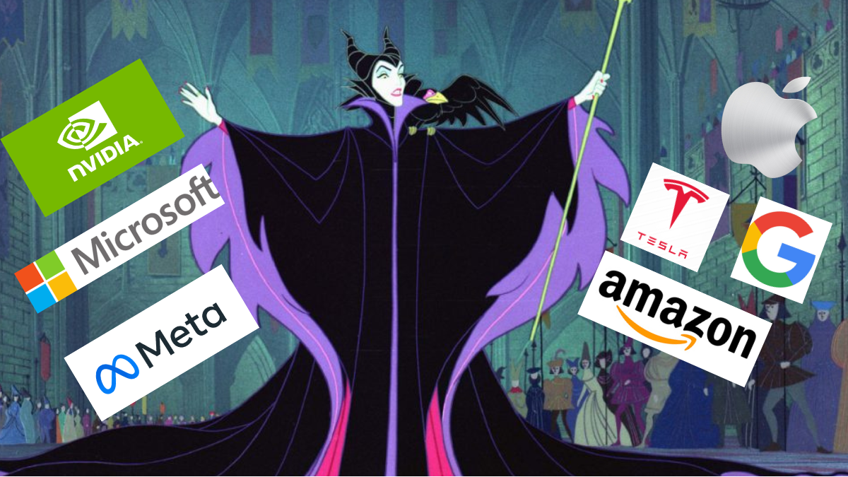 Nesta foto, a Malévola do Filme Bela Adormecida, aparece ao lado dos logos das Sete Magníficas: Microsoft, Tesla, Nvidia, Apple, Amazon, Meta Platforms e Alphabet (Google)