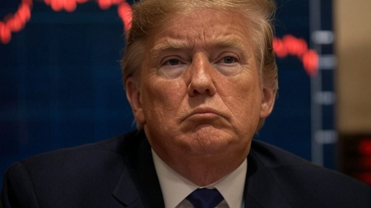 Imagem de Donald Trump com gráfico vermelho indicando queda ao fundo.