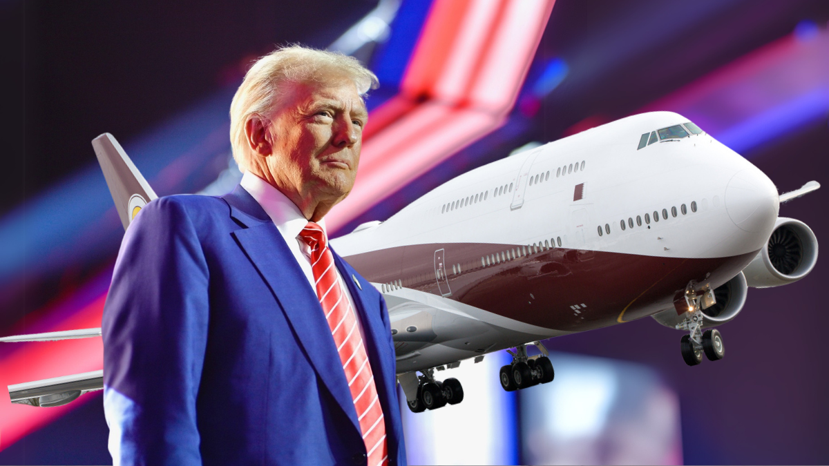 Donald Trump e um jato modelo Boeing 747-8