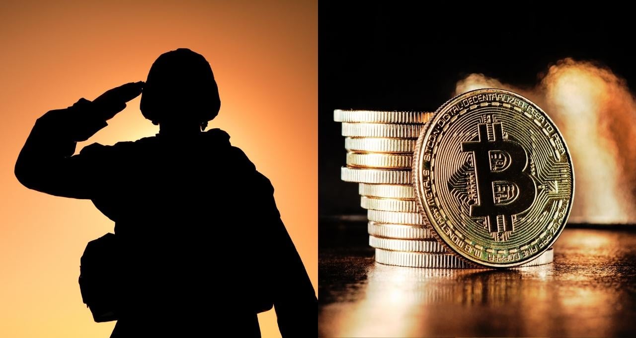 Bitcoins ao lado de um militar