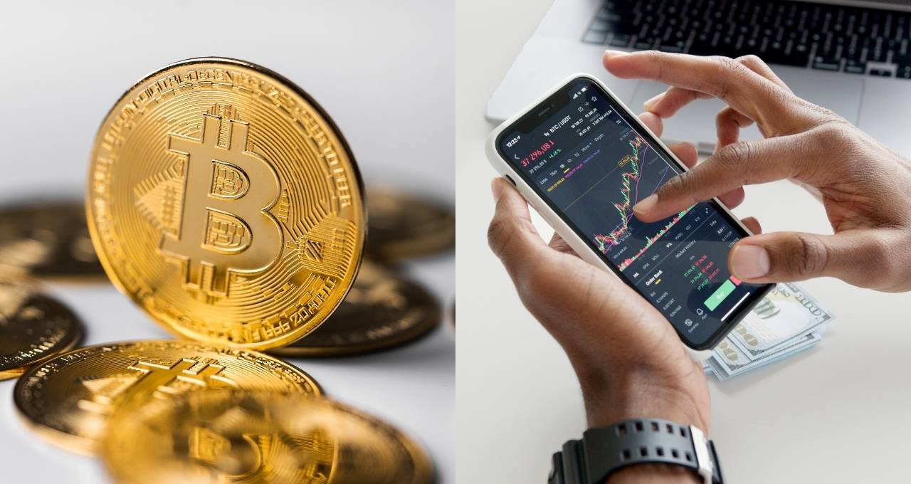 Celular ao lado de criptomoedas (bitcoin)
