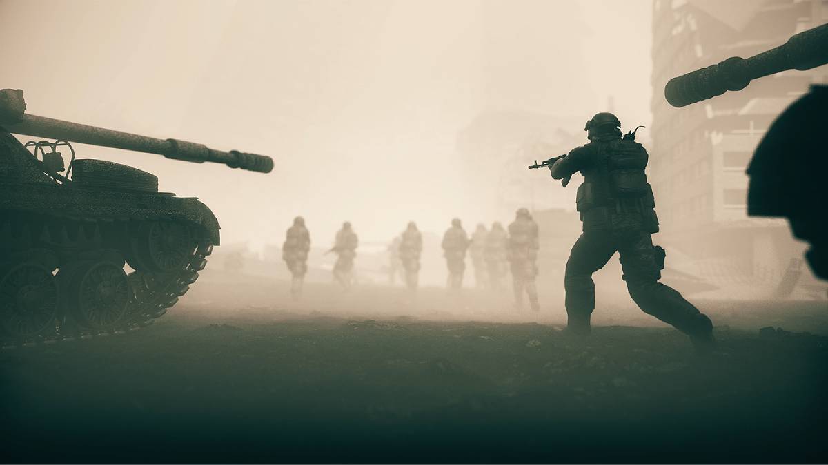 Imagem desfoacda de tanques de guerra e soldados armados em um campo de batalha