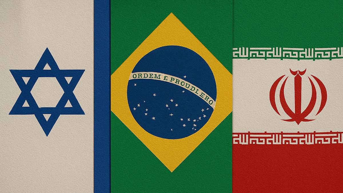 Imagem criada por inteligência artificial traz as bandeiras de israel, do brasil e do irã