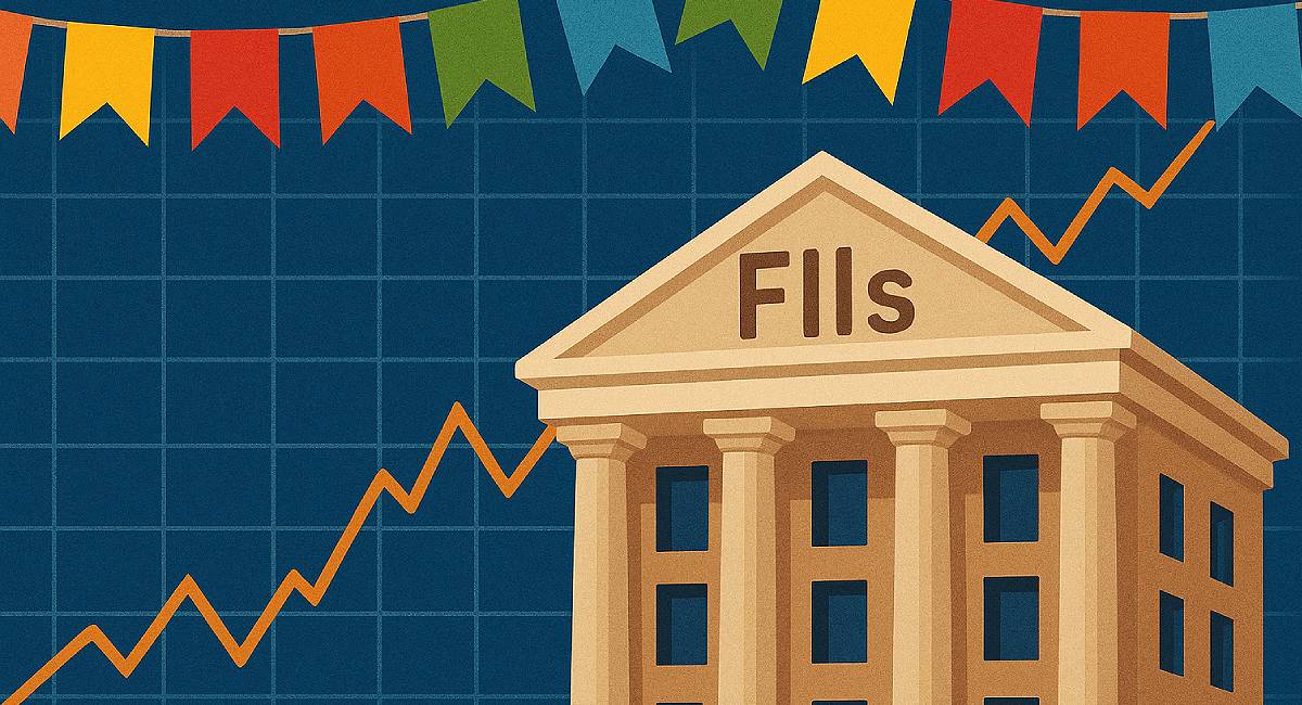Imagem criada por inteligência artificial mostra um gráfico de bolsa com fundo azul, um prédio trazendo "FIIs" escrito e bandeirinhas de festa junina no topo da imagem