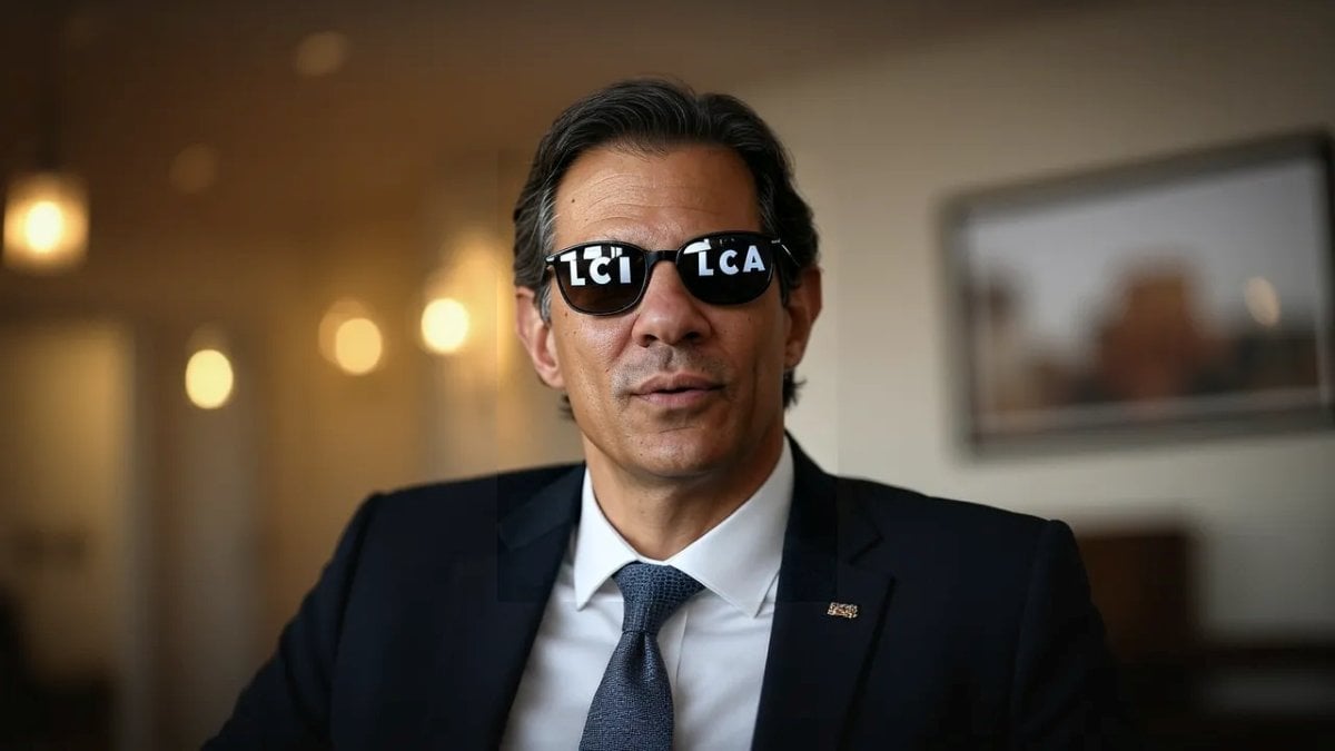 Fernando Haddad, de óculos escuros em montagem com as palavras LCI e LCA nas lentes
