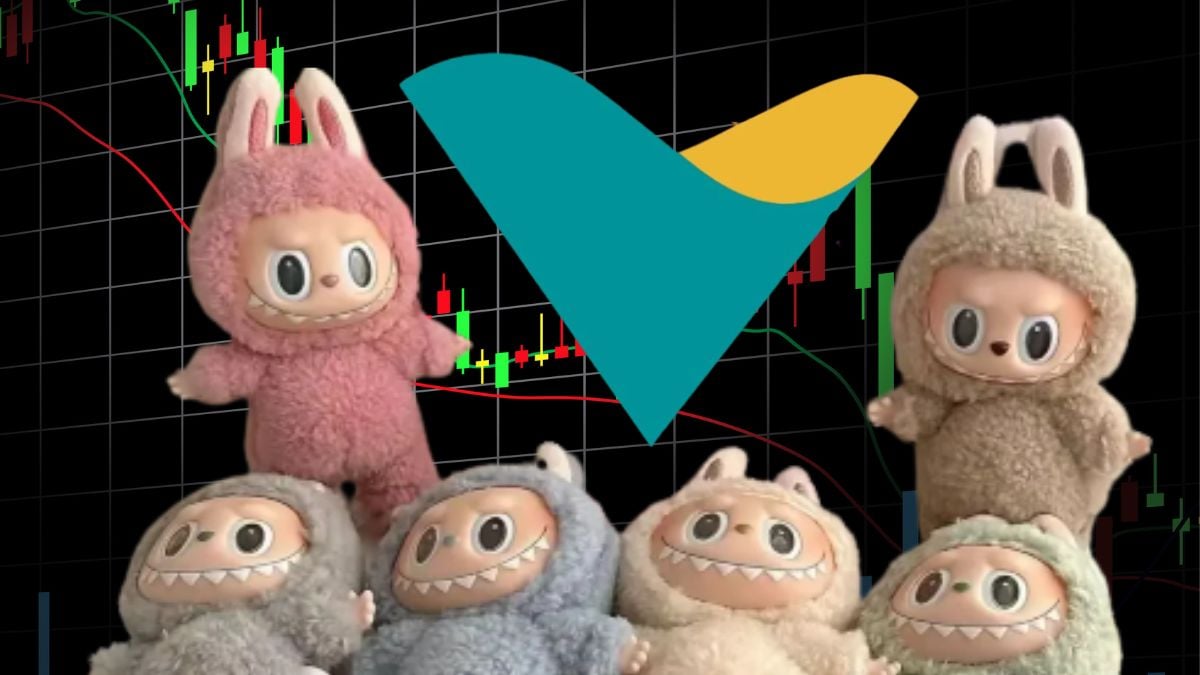 Montagem traz um gráfico de bolsa de valores ao fundo, com imagens dos labubus e o símbolo da vale ao centro