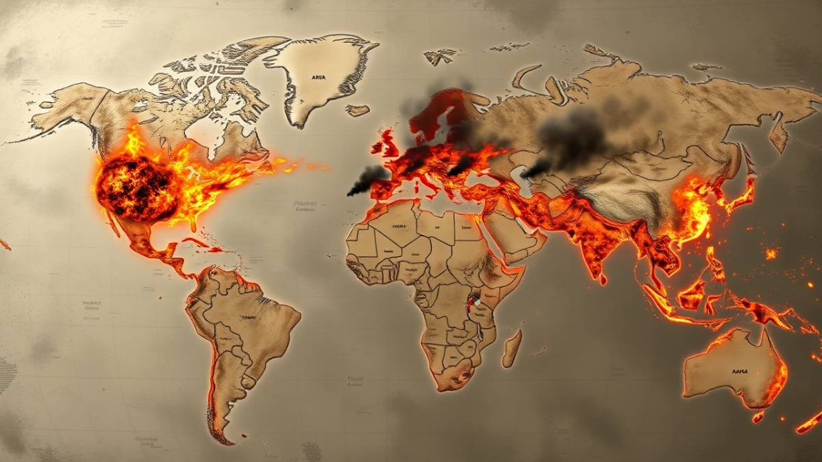 Imagem criada por inteligência artificial mostra um mapa mundi em chamas