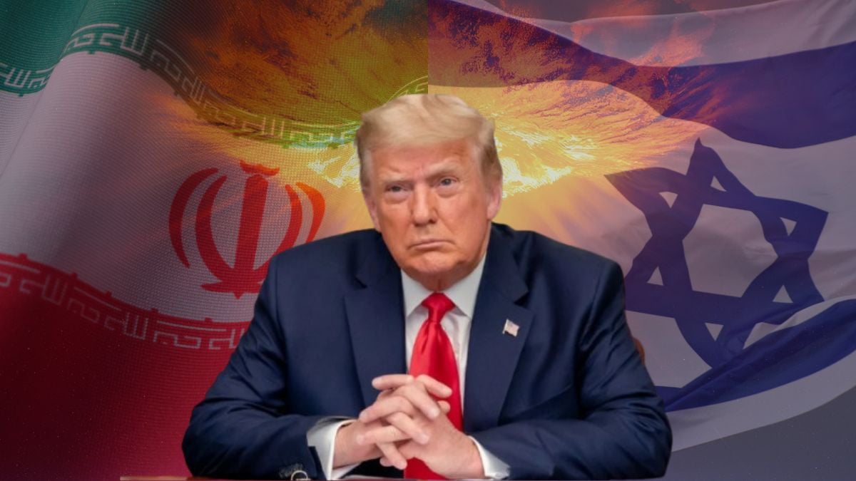 Trump diante das bandeiras de Irã e Israel