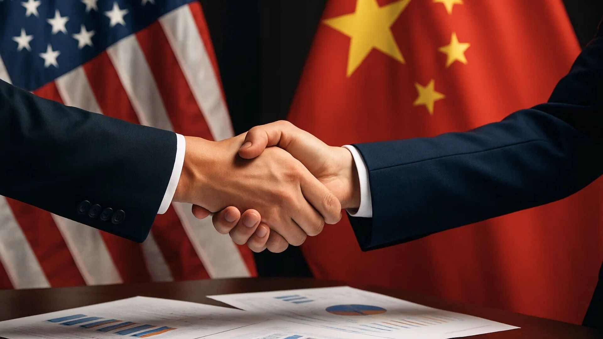 Imagem criada por inteligência artificial mostra um aperto de mãos entre dois homens de terno, com as bandeiras dos Estados Unidos e da China ao fundo