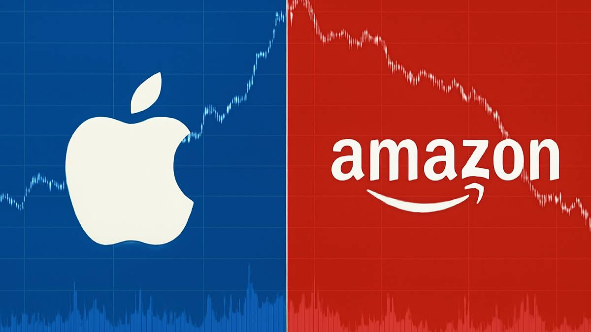 Imagem dividida ao meio traz o logo da Apple com um fundo de gráfico de ações azul (lado esquerdo) e um fundo de gráfico vermelho com o logo a Amazon (lado direito)