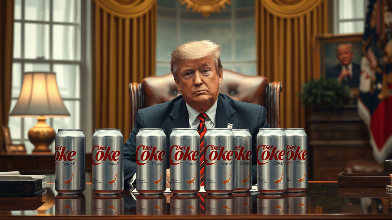 Donald Trump está sentado no Salão Oval da Casa Branca, com uma lata de coca diet sobre a mesa
