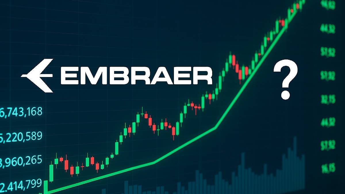 Imagem com gráfico de ações ao fundo, em tons escuros, com o logo da embraer em primeiro plano e um ponto de interrogação ao lado