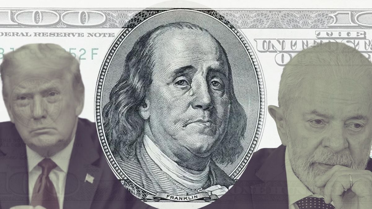 Trump e Lula diante de uma nota de dólar triste