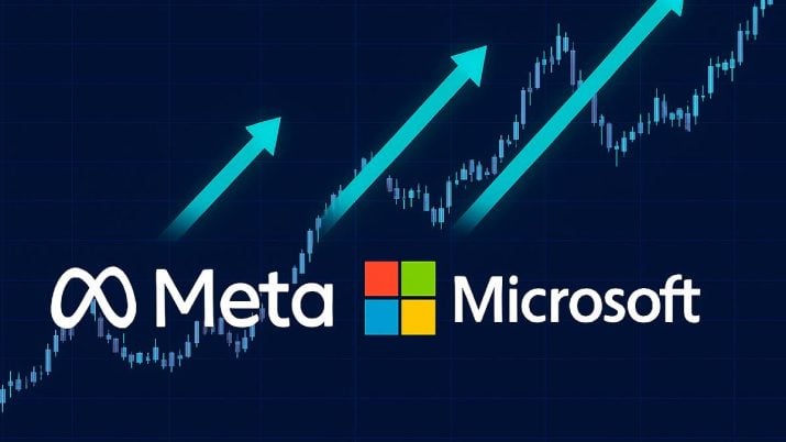 Gráfico com fundo escuro traz setas em azul claro apontando para cima e os logos da Meta e da Microsoft