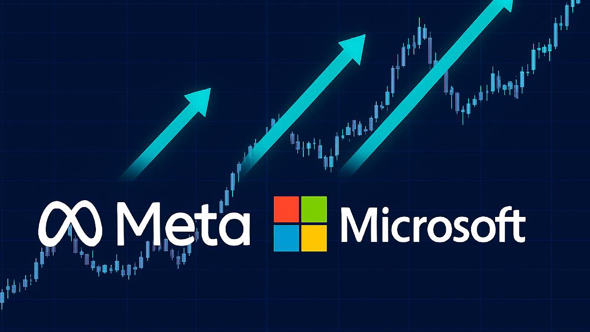 Gráfico com fundo escuro traz setas em azul claro apontando para cima e os logos da Meta e da Microsoft