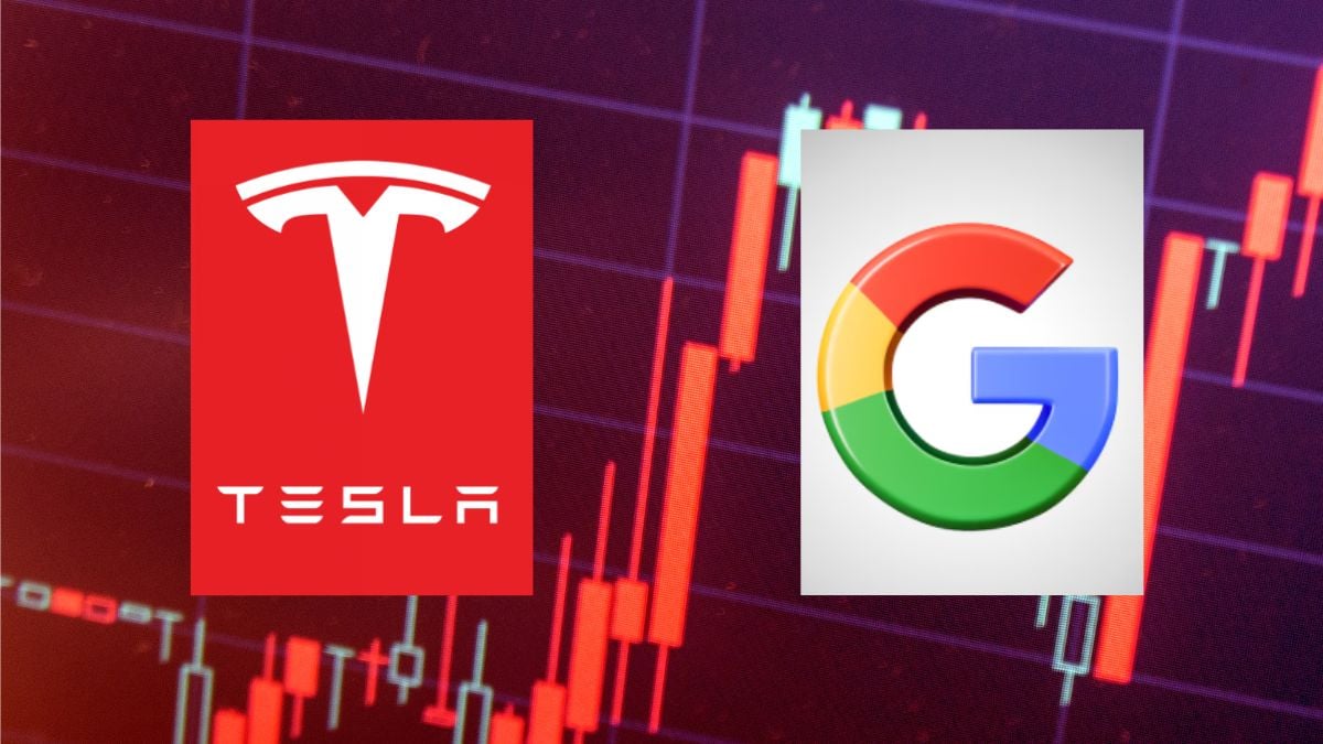 Fundo de gráfico de ações em vermelho com os logos da Tesla e do Google em primeiro plano