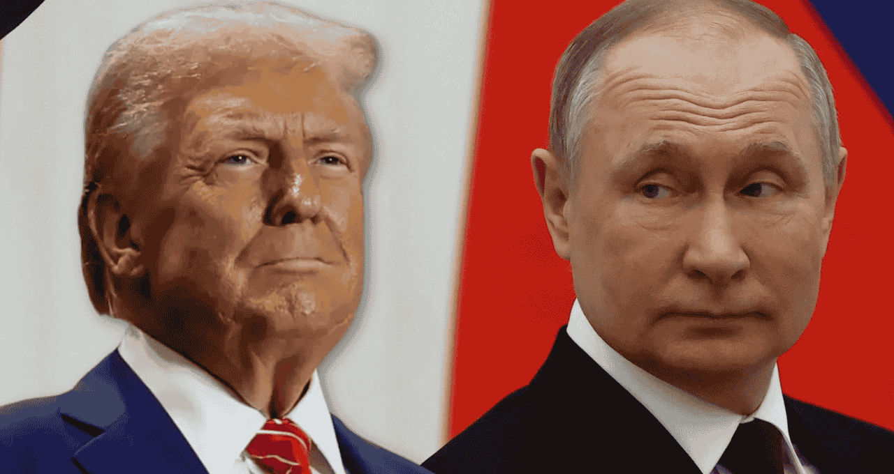 O presidente norte-americano, Donald Trump, está ao lado do presidente da Rússia, Vladimir Putin. Ambos usam ternos escuros e olham para frente.