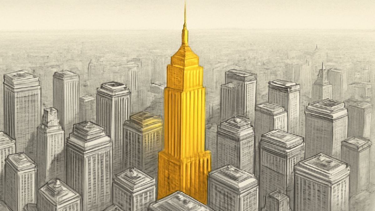 Ilustração de prédio dourado em destaque entre prédios cinzas representando oportunidade de investimento no mercado imobiliário