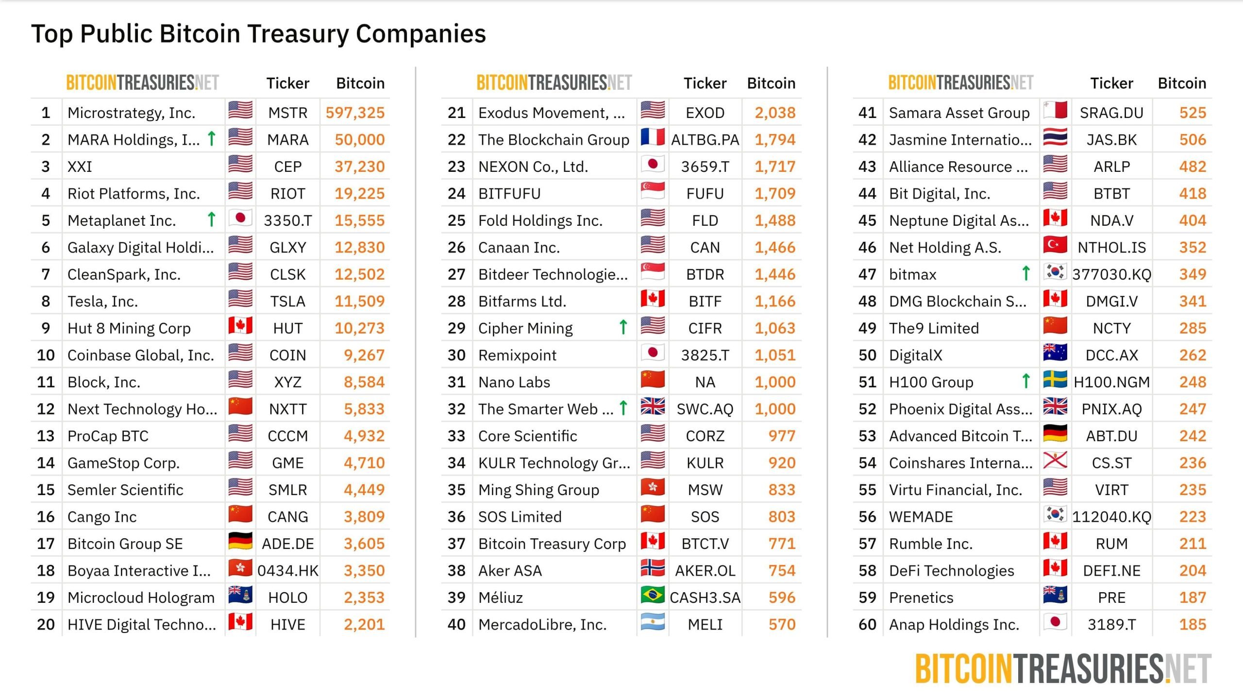 As 60 maiores empresas de tesouraria de bitcoin (BTC). Acesso: 07/07/2025